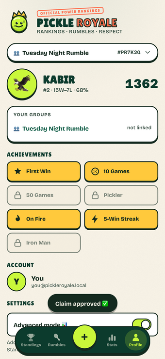 Pickle Royale profile tab on a real phone screen after approval, showing the claimed player's own hero card and achievements.