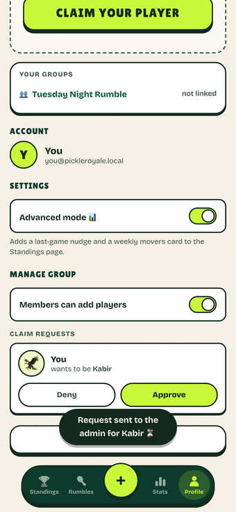 Pickle Royale profile tab on a real phone screen, showing a pending claim request card for the admin to approve or deny.