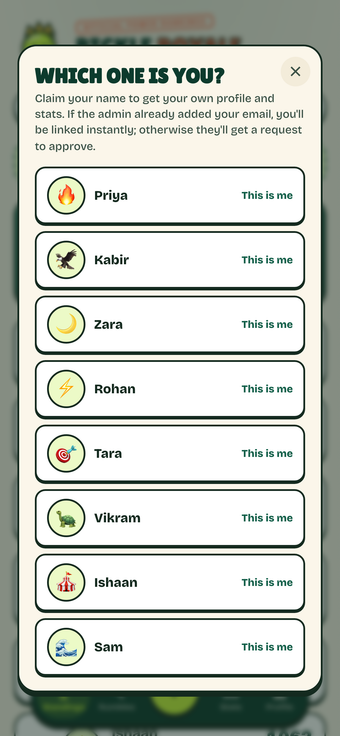 Pickle Royale claim sheet on a real phone screen, which one is you, a list of unclaimed players to claim.