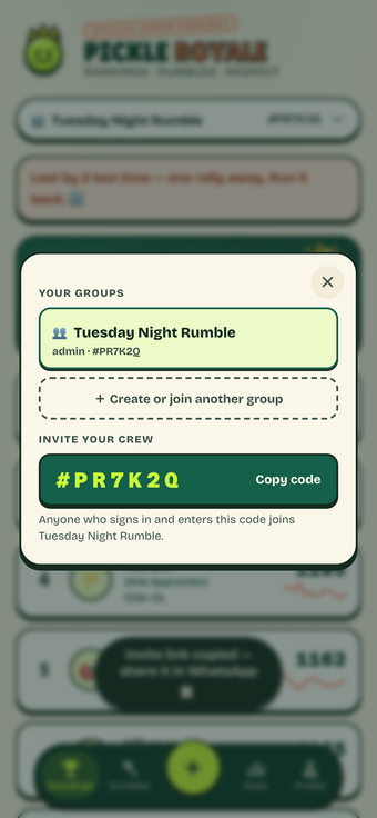 Pickle Royale group switcher sheet on a real phone screen, showing the demo group's join code with a copy button.