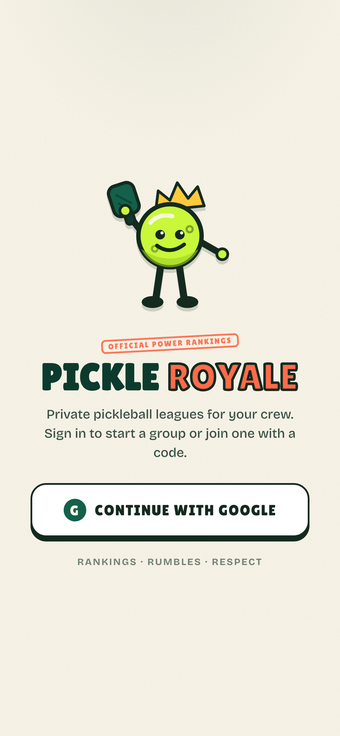 Pickle Royale login screen on a real phone, Continue with Google gate.