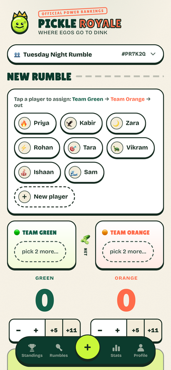 Pickle Royale Log Match on a real phone screen, team-assignment step, nobody picked yet.