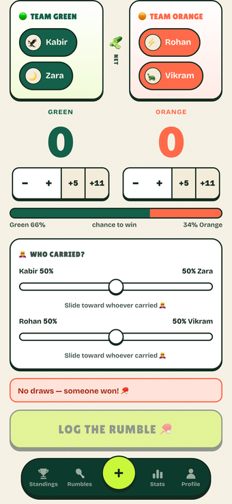 Pickle Royale Log Match on a real phone screen, Kabir and Zara vs Vikram and Rohan, win-probability bar showing.
